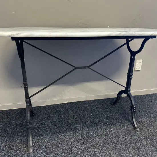 French Bistro Table With Painted Wrought Iron Base and Oval Marble Top H73, L120, D60cm.